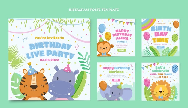 Vetor postagens de instagram de festa de aniversário de selva de design plano