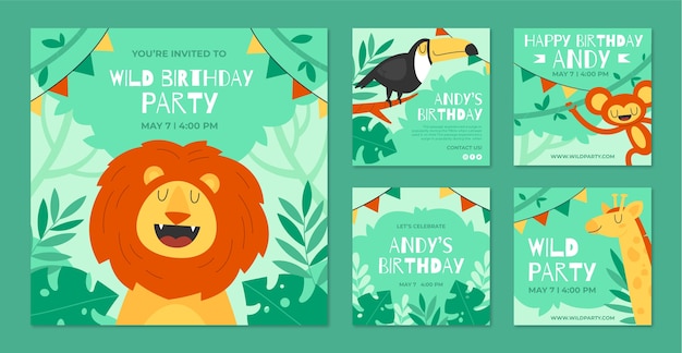 Vetor postagens de instagram de festa de aniversário de selva de design plano