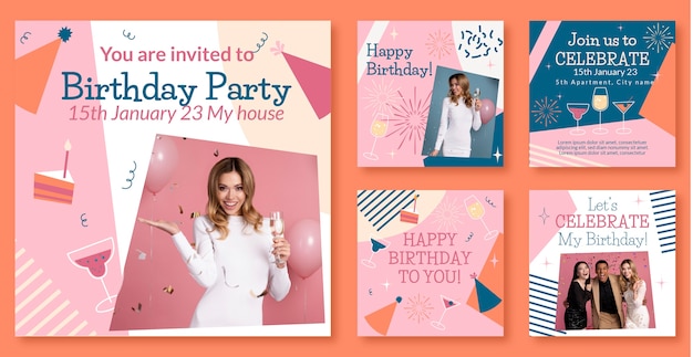 Postagens de instagram de festa de aniversário desenhadas à mão
