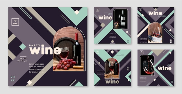 Vetor postagens de instagram de festa de vinho de design plano