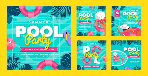 Postagens de instagram de festa na piscina desenhadas à mão