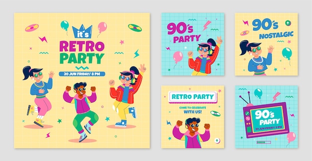 Vetor postagens de instagram de festa retrô dos anos 90 design plano