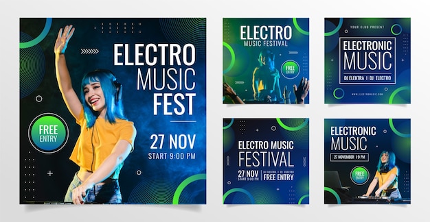 Vetor postagens de instagram de música eletrônica gradiente