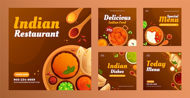 Postagens de instagram de restaurante indiano gradiente