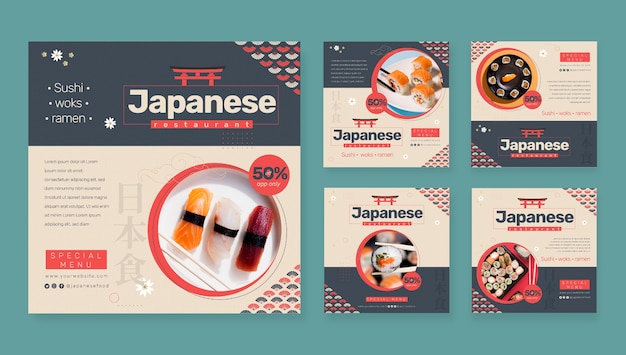 Postagens de instagram de restaurante japonês de design plano