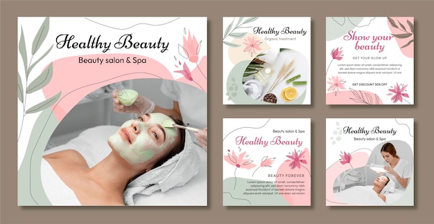 Postagens de instagram de salão de beleza floral desenhadas à mão