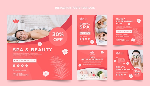 Vetor postagens de instagram de spa e beleza de design plano