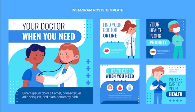 Vetor postagens de instagram médico de design plano