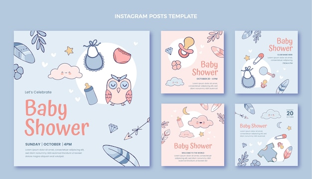 Postagens do Instagram com textura desenhada à mão para chá de bebê