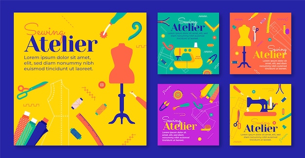 Postagens do instagram de ateliê de moda de design plano