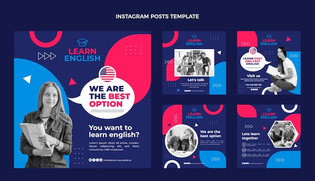 Vetor postagens do instagram de aulas de inglês de design plano