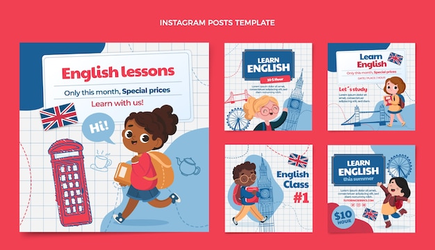 Vetor postagens do instagram de aulas de inglês desenhadas à mão