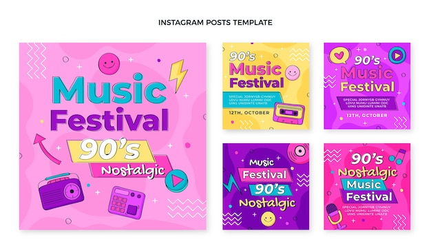 Postagens do Instagram de festivais de música dos anos 90 desenhadas à mão