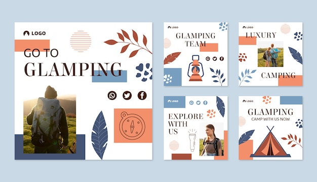 Postagens do instagram de glamping de design plano desenhado à mão