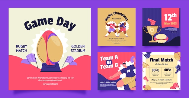 Postagens do instagram de jogo de rugby desenhadas à mão