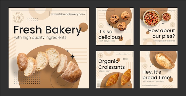 Vetor postagens do instagram de padaria de design plano