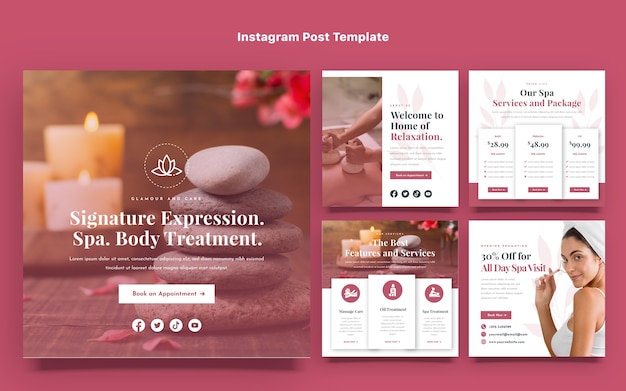 Vetor postagens do instagram de tratamento de spa de design plano