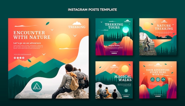 Vetor postagens do instagram de trekking gradiente