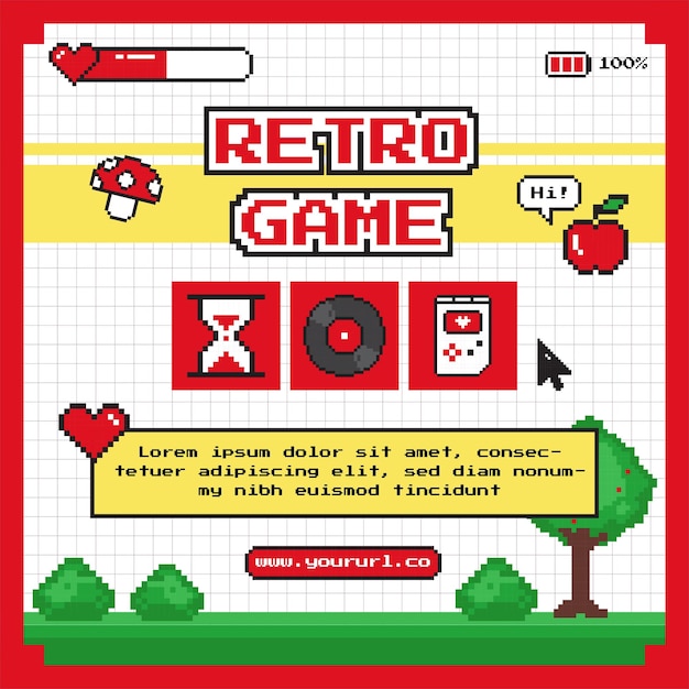 Vetor postagens do instagram modelo pixel art retrô vintage estilo anos 90 postagens de mídia social de videogame de 8 bits