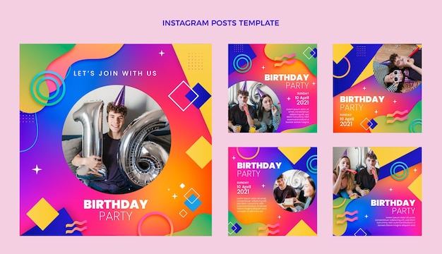 Postagens gradientes coloridas de aniversário no instagram