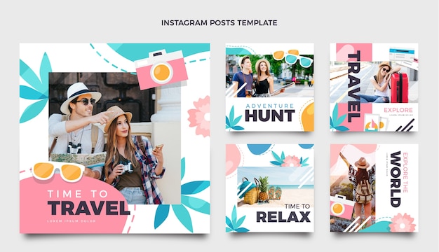 Postagens no instagram de viagens e aventuras de design plano