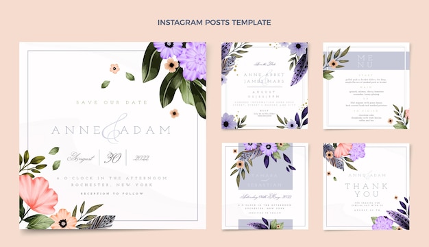 Vetor postagens no instagram do casamento boho em aquarela