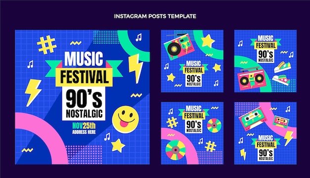 Vetor postagens no instagram do festival de música dos anos 90