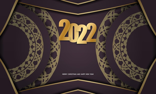 Vetor postal 2022 feliz ano novo em cor bordô com padrão vintage dourado