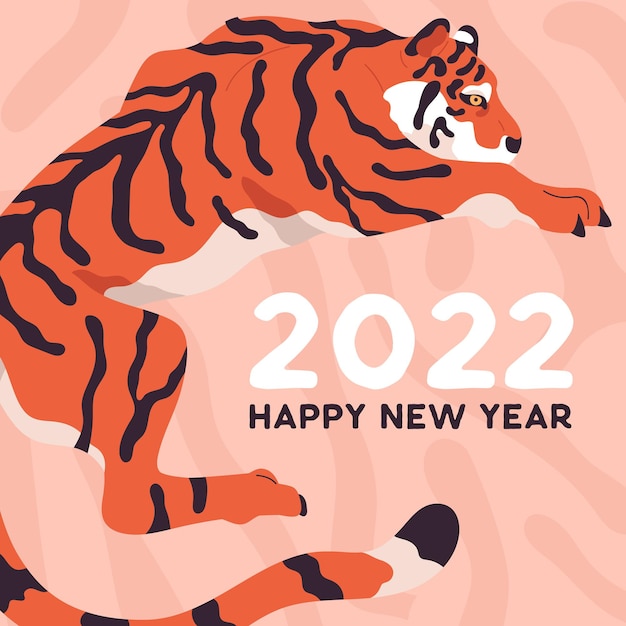 Postal de 2022 com tigre chinês. design de cartão postal quadrado de feliz ano novo com mascote animal asiático oriental pulando. fundo festivo com o símbolo do feriado do zodíaco. ilustração vetorial plana colorida