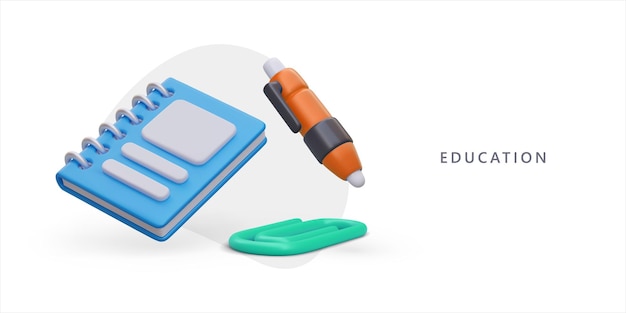 Pôster 3D realista com caderno laranja, lápis e kit de clipe para educação e trabalho no escritório
