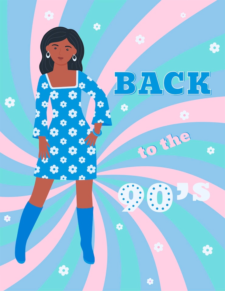Vetor poster a4 com uma garota em um vestido retrostyle 90 caracteres caracteres y2k moda dos anos 90