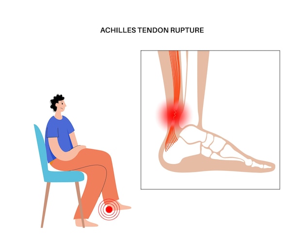 Vetor pôster anatômico de ruptura do tendão de aquiles. lesão no tornozelo, entorse de ligamento, dor e problemas de laceração