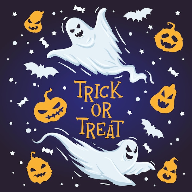 Pôster assustador de halloween fantasmas assustadores cartão de férias espíritos assustadores e fantasmas ilustração plana de fundo vetorial