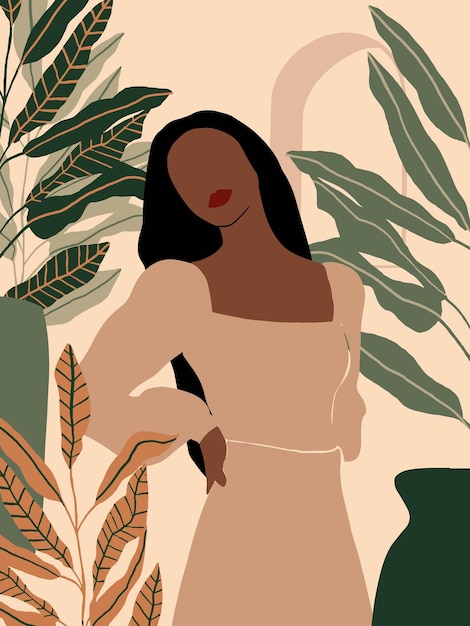 Pôster boho moderno e minimalista com uma silhueta feminina abstrata de mulher negra e jardim botânico