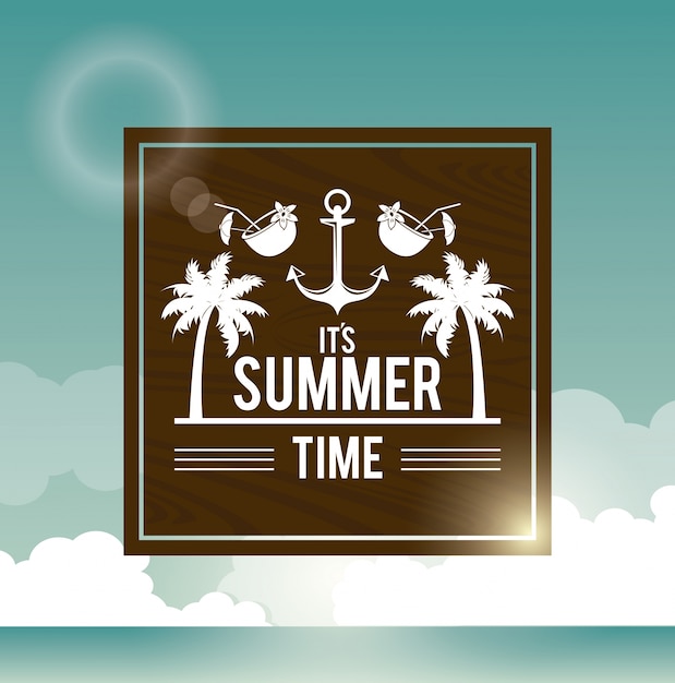 Poster céu, oceano, paisagem, logotipo, texto, verão, tempo, palmas, âncora