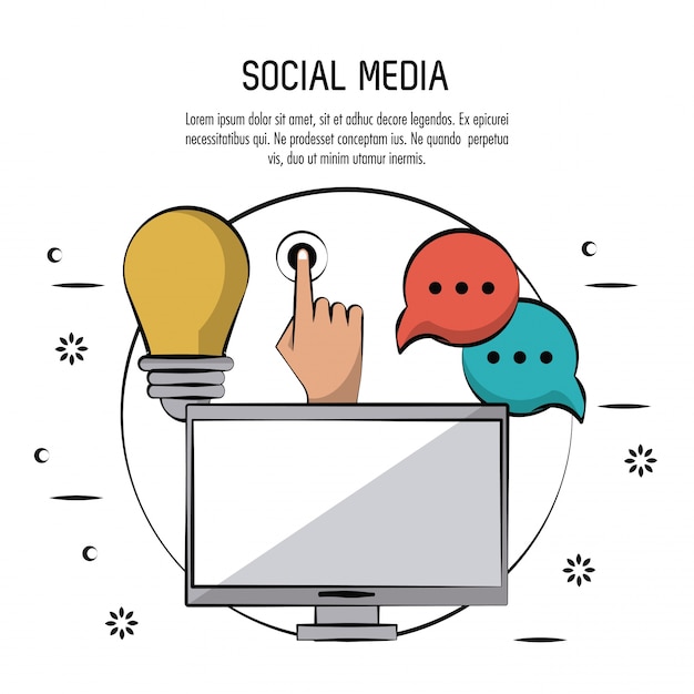 Poster colorido de redes sociais com computador desktop