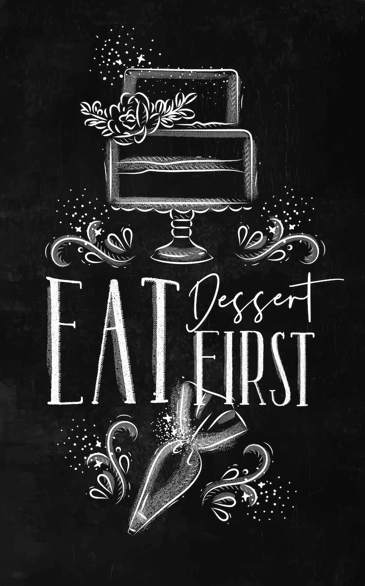 Vetor poster com equipamento de bolo e pastelaria ilustrado com letras comer sobremesa primeiro preto bg