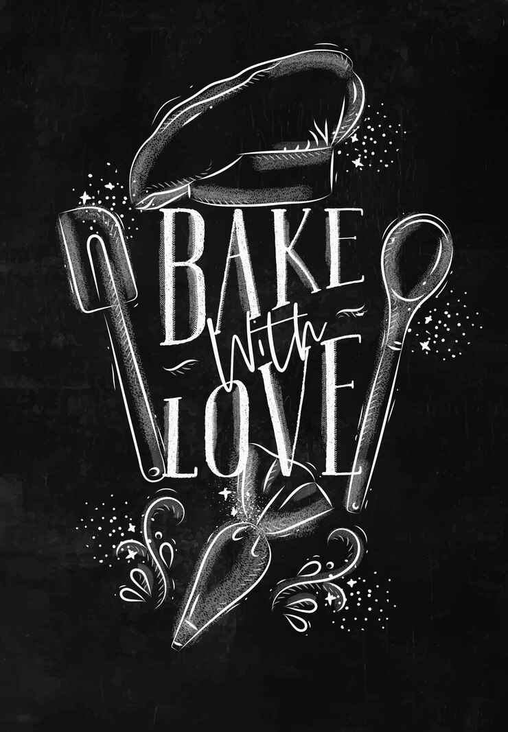 Vetor poster com equipamentos de pastelaria ilustrados com letras bake with love in hand drawing style em bg preto