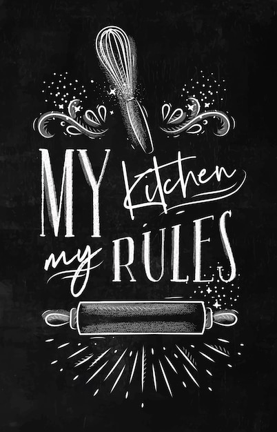 Vetor poster com equipamentos de pastelaria ilustrados com letras minhas regras de cozinha em estilo de desenho à mão em preto