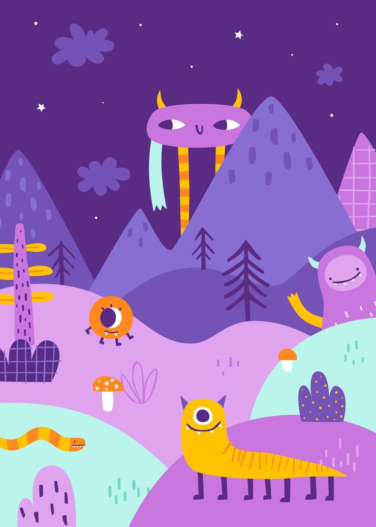 Vetor poster com monstros bonitos no vale da montanha impressão mágica com mundo de monstros de desenho animado