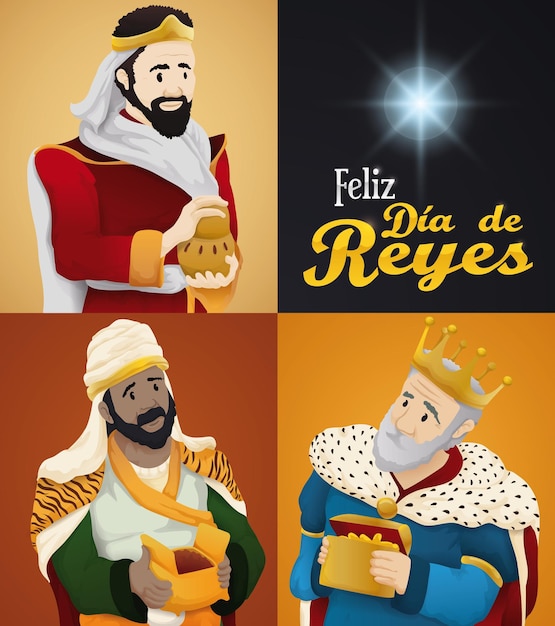 Vetor poster com os retratos bíblicos dos magos segurando seus presentes na celebração da epifania ou dia de reyes tradução do espanhol