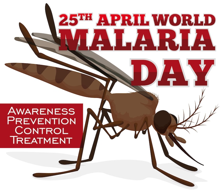 Vetor poster com propaganda de conscientização para o dia mundial da malária com o desenho de um mosquito e alguns preceitos