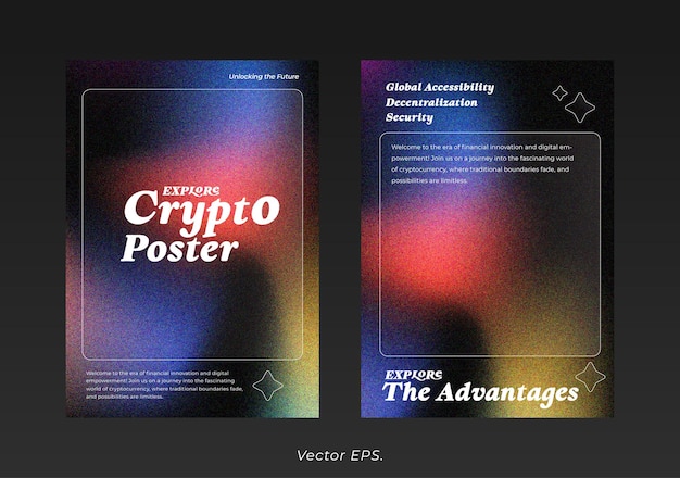 Poster com tema criptográfico com texto futurista e fundo de gradiente azul-vermelho-preto