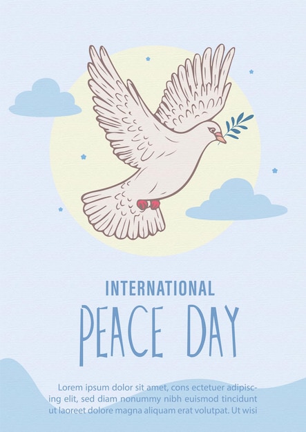 Poster conceitos do Dia Internacional da Paz com pomba da paz voando em estilo plano
