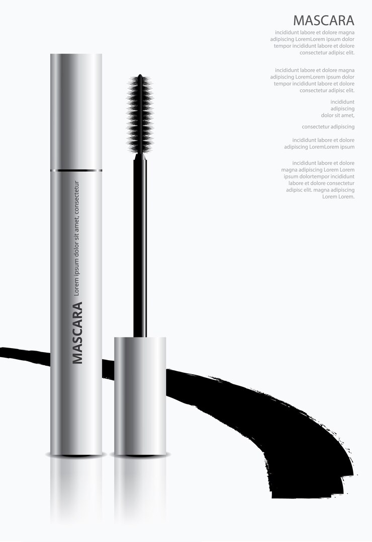 Vetor poster cosmetic mascara com embalagem de ilustração vetorial
