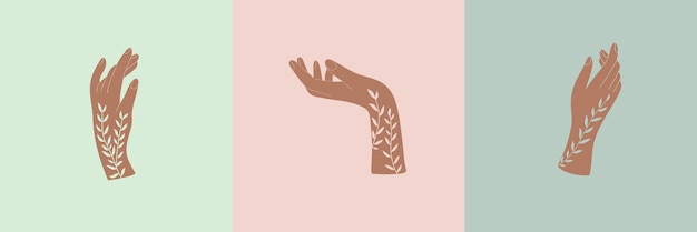 Poster de arte pré-fabricado com mãos femininas em ilustração vetorial de estilo de arte em linha com gestos de mão
