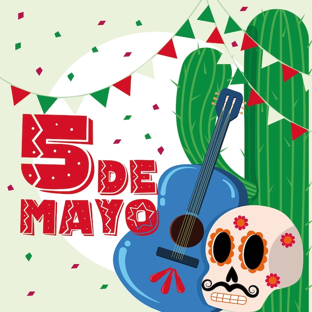 Vetor poster de cinco de mayo com guitarra e esqueleto ilustração vetorial