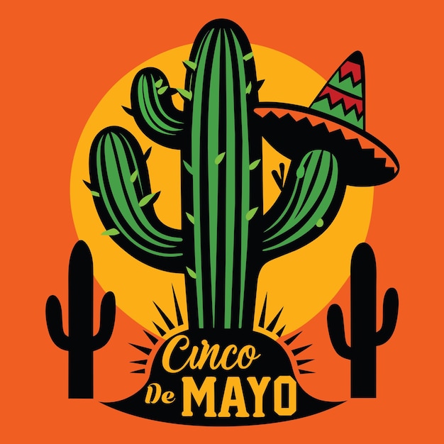 Vetor poster de cinco de mayo para o méxico com chapéu de cacto e fundo laranja