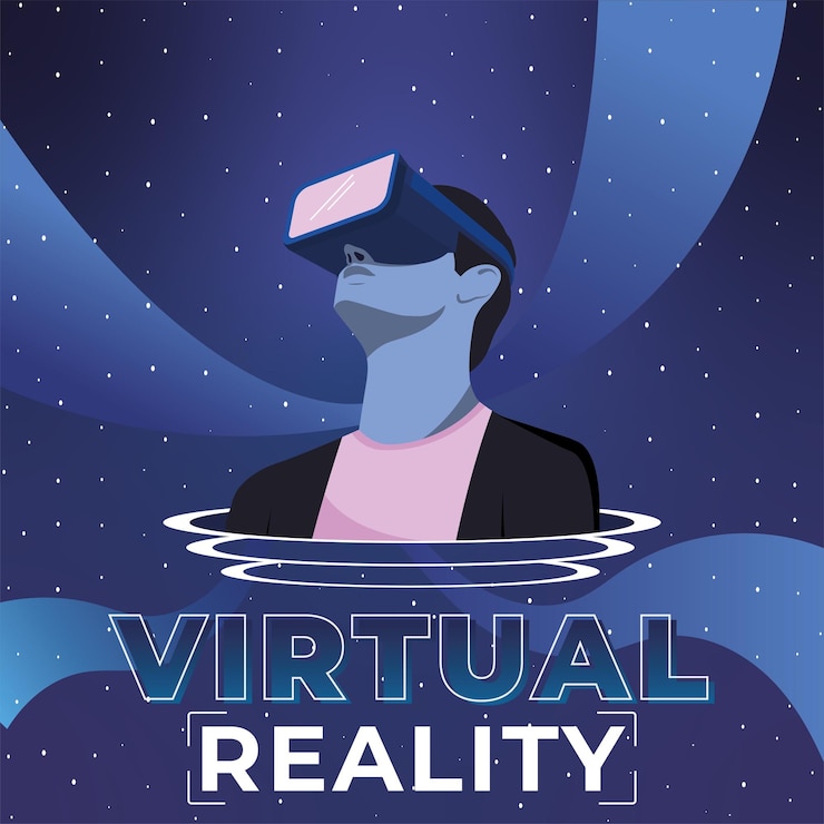 Vetor poster de conceito de realidade virtual desenho animado masculino com óculos de realidade virtual vector