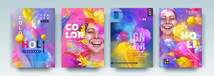 Vetor poster de cor pintura salpico e realista mulher feliz festa panfleto moda holi capa arco-íris salpico conceito pó abstrato feliz venda de carnaval bandeira brilhante vetor fundo exato